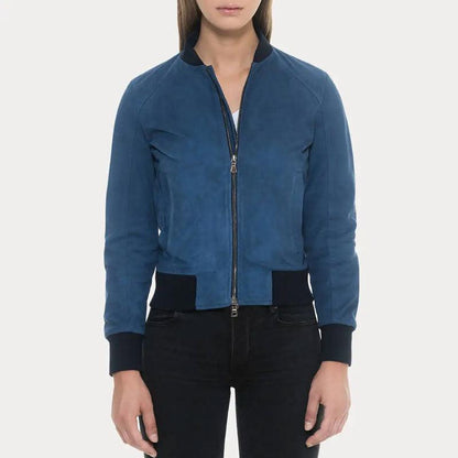 Blue Suede Bomber Leather Jacket with Black Rib Knit Collar and Cuffs