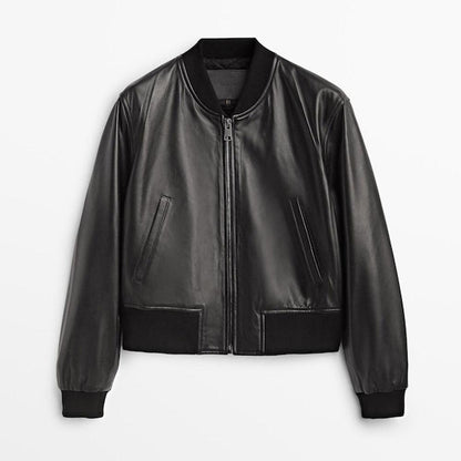 Classic Black Leather Bomber Jacket
