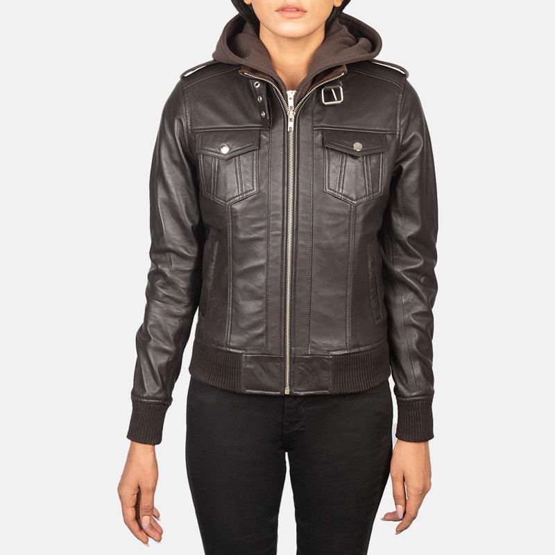 Womens Brown Hooded Leather Bomber Jacket