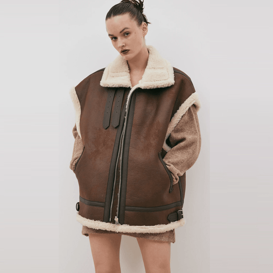 Chocolate Brown Aviator Sheepskin Leather Vest For Women