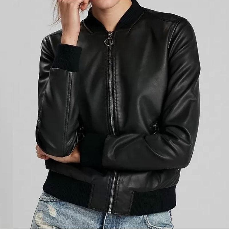 Womens Classic Pure Lambskin Black Leather Bomber Jacket