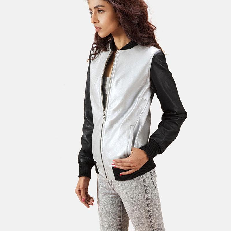 Womens Cole Silver Leather Bomber Jacket