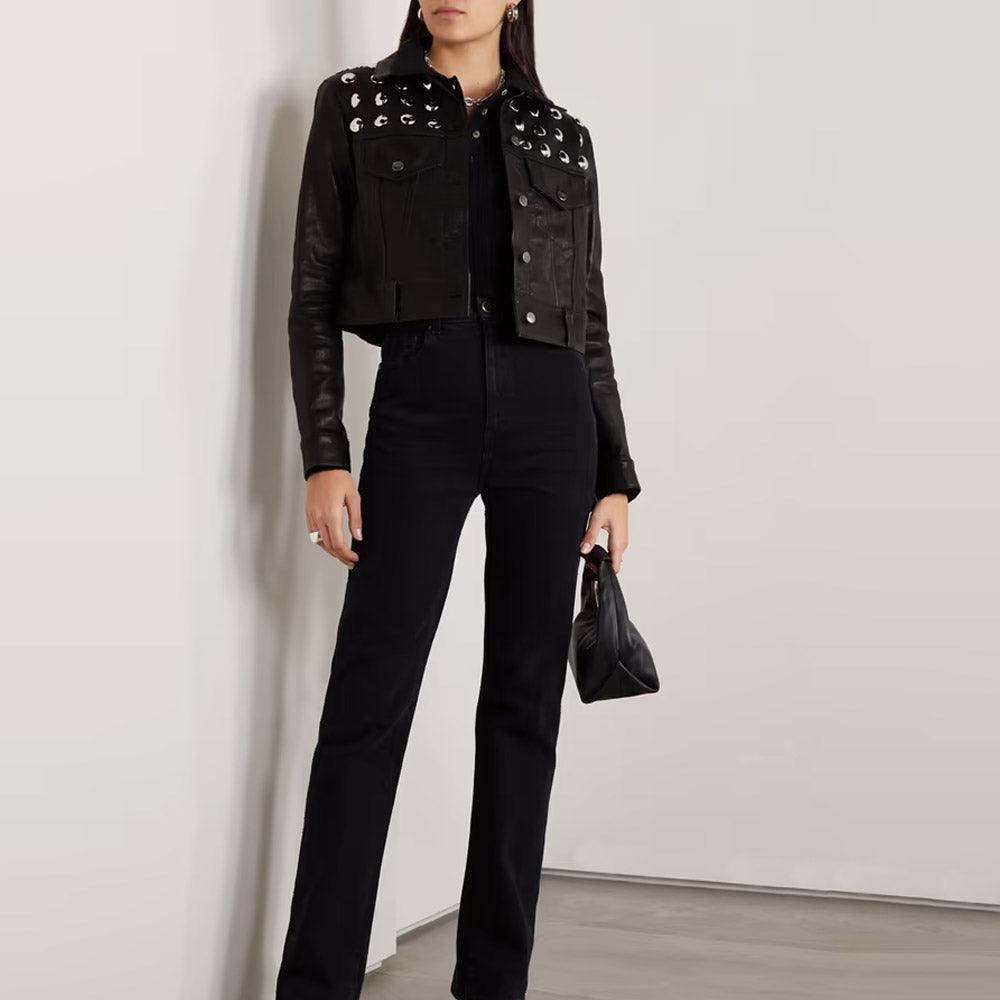 Black Shearling Studded textured Cropped Leather Jacket For Women