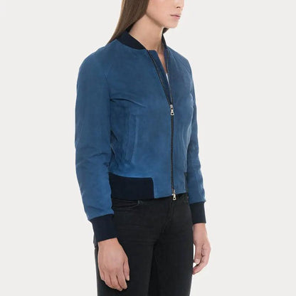 Blue Suede Bomber Leather Jacket with Black Rib Knit Collar and Cuffs