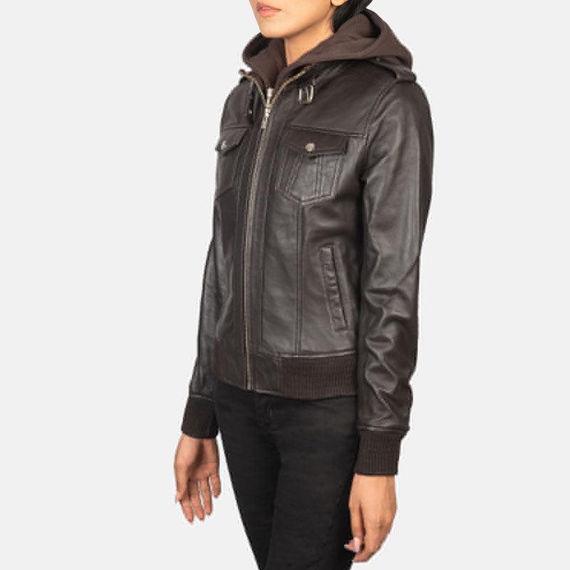Womens Brown Hooded Leather Bomber Jacket