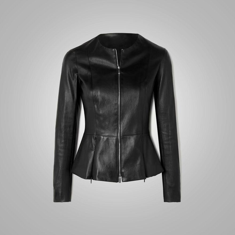Women's Stretch Cotton Concealed Zip Leather Shirt In black