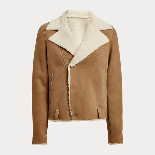 WOMENS BEIGE CROPPED SHEARLING LEATHER JACKET