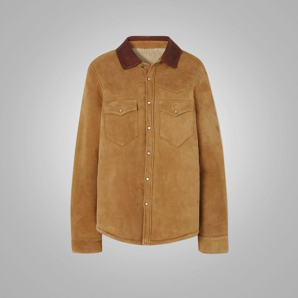 Women's Camel Shearling Suede With Classic Flap Pockets Leather Shirt