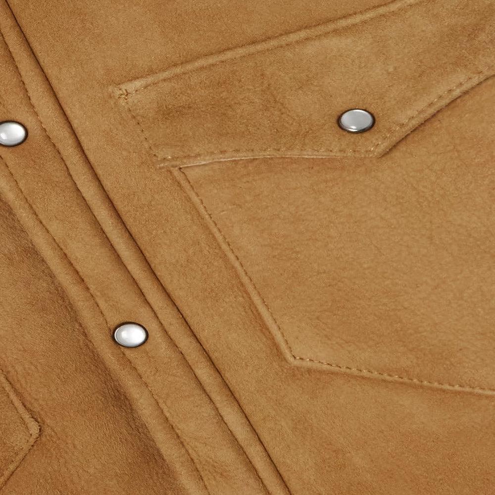 Women's Camel Shearling Suede With Classic Flap Pockets Leather Shirt