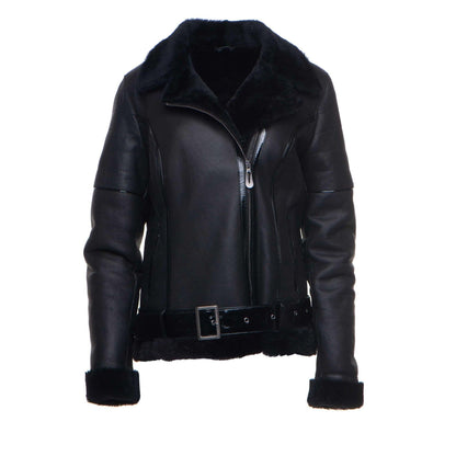 Tasha's B-3 Bomber Black Sheepskin Shearling Style Jacket For Women