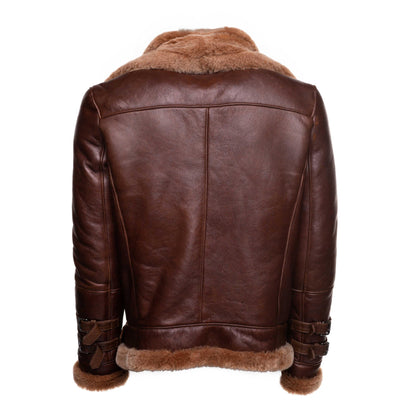 Phan's Aviator Brown bomber shearling jacket with a waist belt