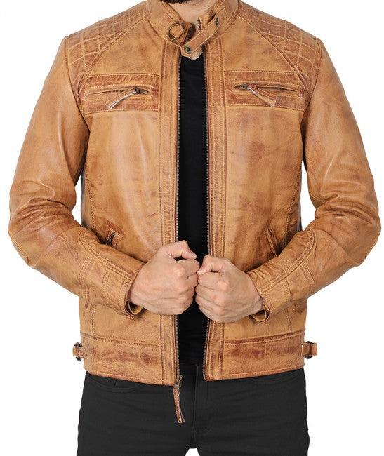 Men's Johnson Camel Quilted Leather Motorcycle Jacket