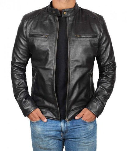 Men's Lambskin Biker Style Leather Jacket In Black