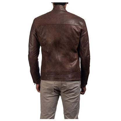 Men's Leather Biker Jacket In Brown
