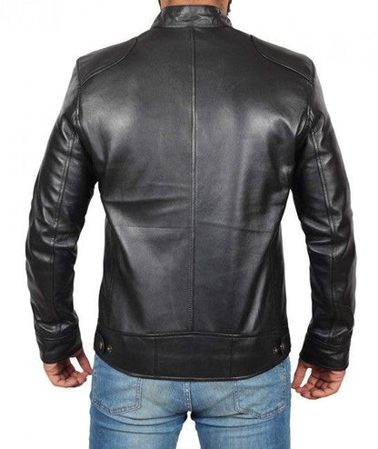 Men's Lambskin Biker Style Leather Jacket In Black