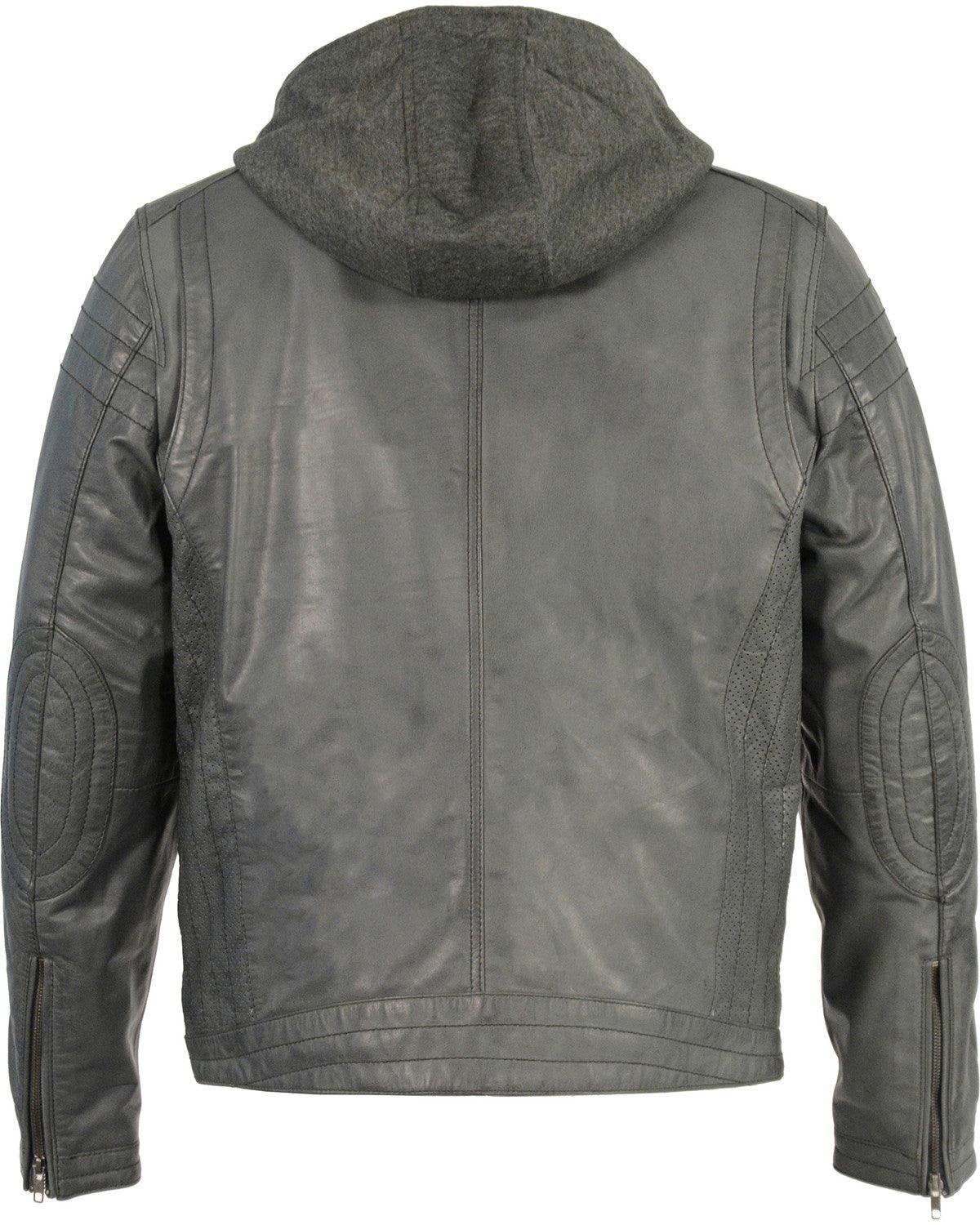 Grey Zipper Front Leather Jacket w/ Removable Hood For Men