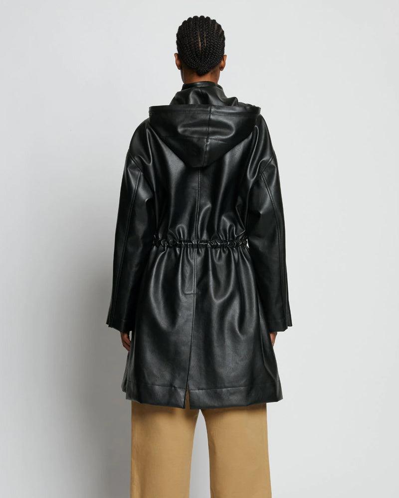 Sheepskin Leather Black Hooded Trench Duster Coat