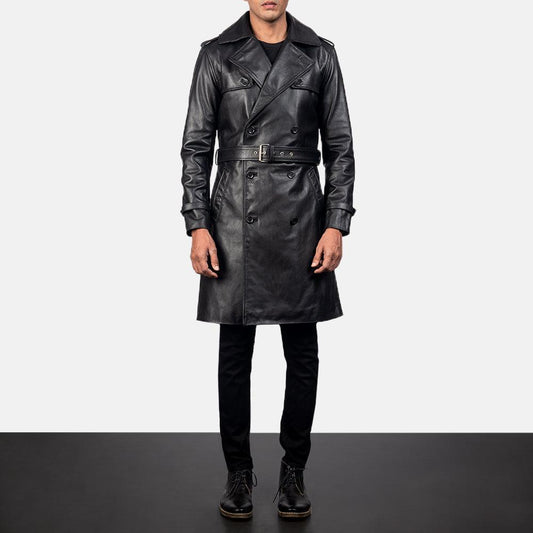 Black Sheepskin Leather Duster Coat For Men