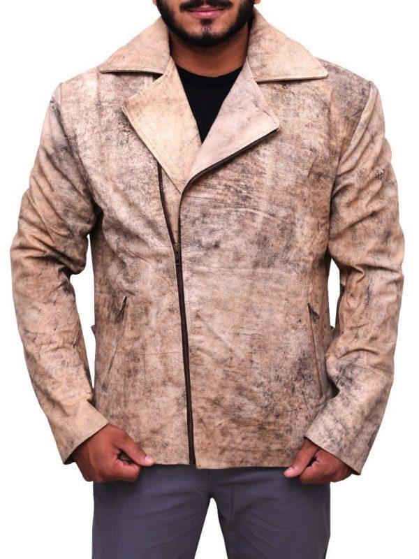 Distressed Brown Biker Jacket For Men