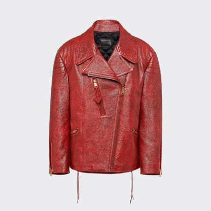 Womens red sheepskin biker leather jacket