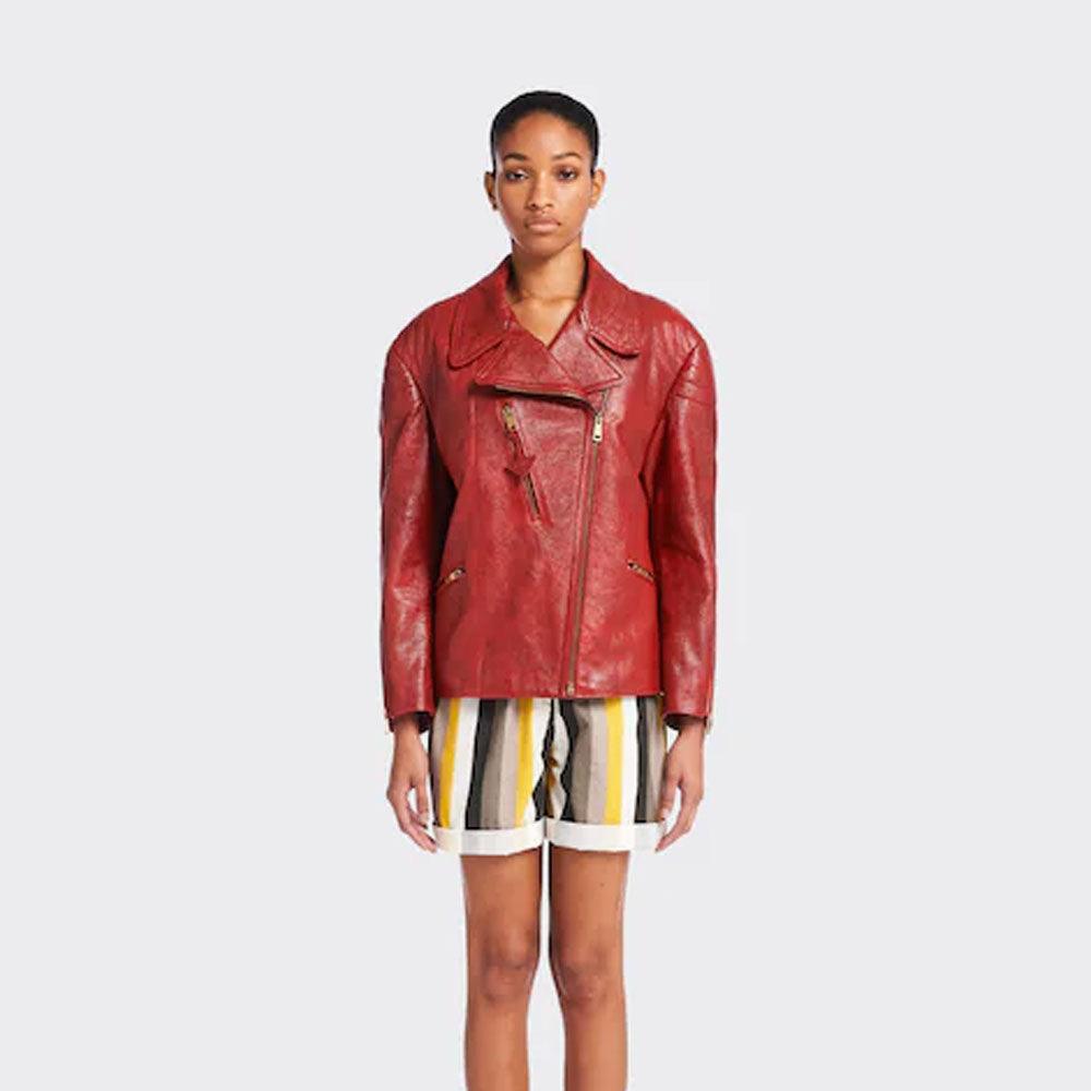 Womens red sheepskin biker leather jacket