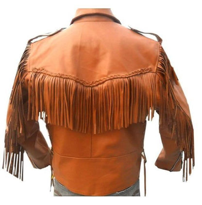 Men's Tan Western Style Leather Jacket, Cowboy Cowhide Leather Fringe Jacket