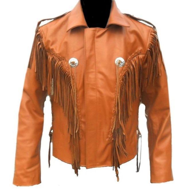 Men's Tan Western Style Leather Jacket, Cowboy Cowhide Leather Fringe Jacket