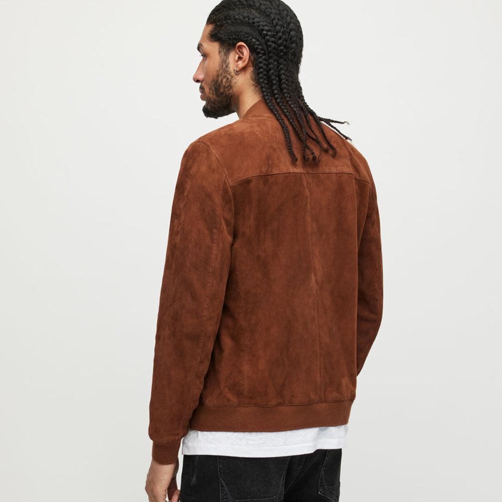 Men Classic Brown Suede Leather Bomber Jacket - shearlingbomberjackets