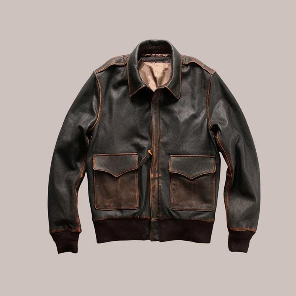 Men Distressed Brown Aviator A2 Military Pilot Leather Bomber Jacket - shearlingbomberjackets