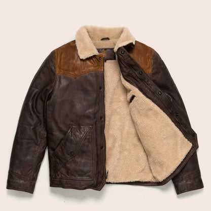 Men's Sheepskin Double Tone Brown Sherpa Western Leather Jacket - shearlingbomberjackets