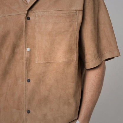 Brown Suede Leather Half Sleeves Shirt For Men