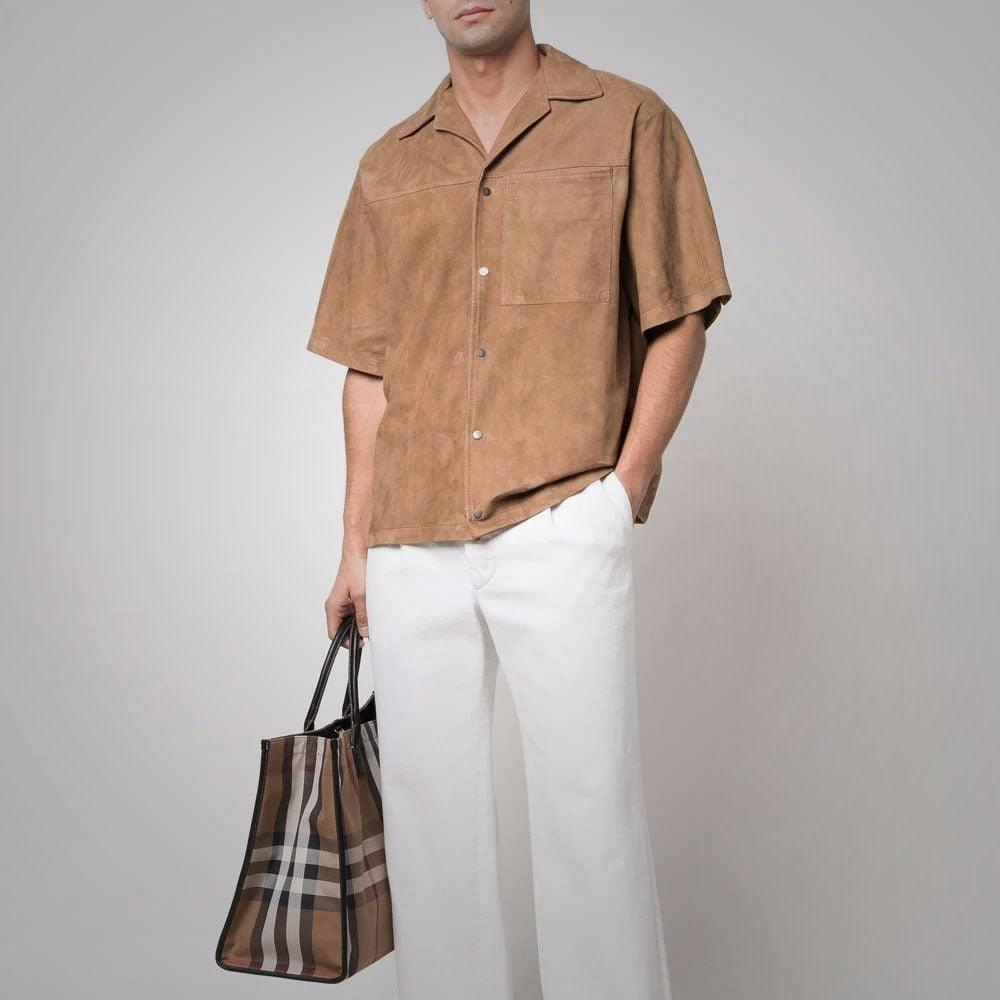 Brown Suede Leather Half Sleeves Shirt For Men