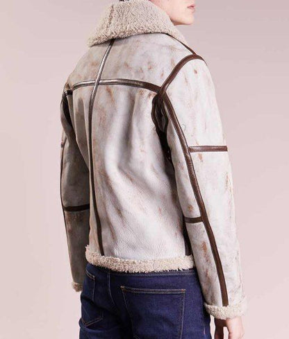 Men's Aviator Waxed White Leather Jacket With Brown Stripes