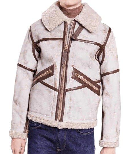 Men's Aviator Waxed White Leather Jacket With Brown Stripes