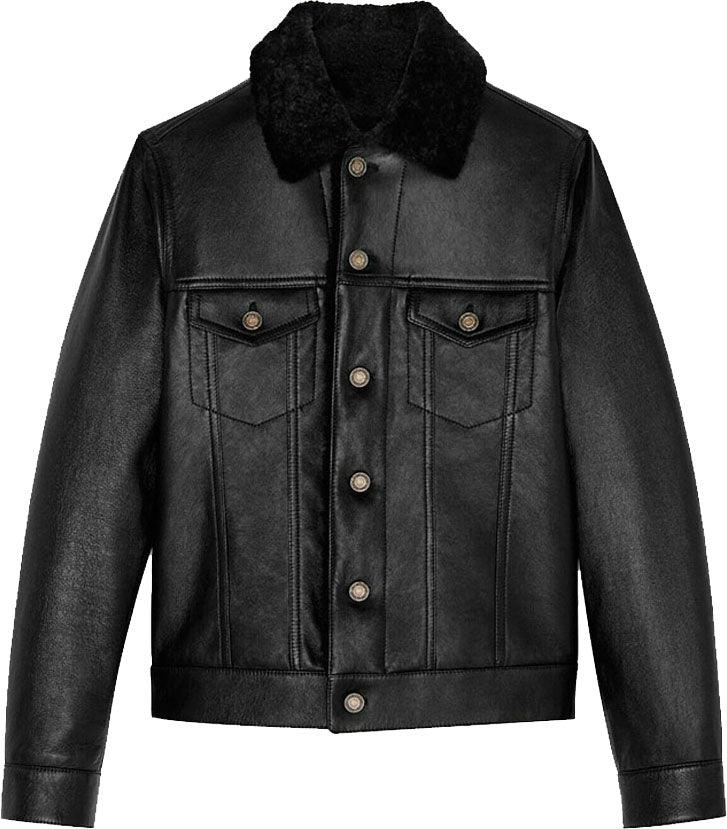 Mens Denim Style Genuine Leather Jacket With Fur - shearlingbomberjackets