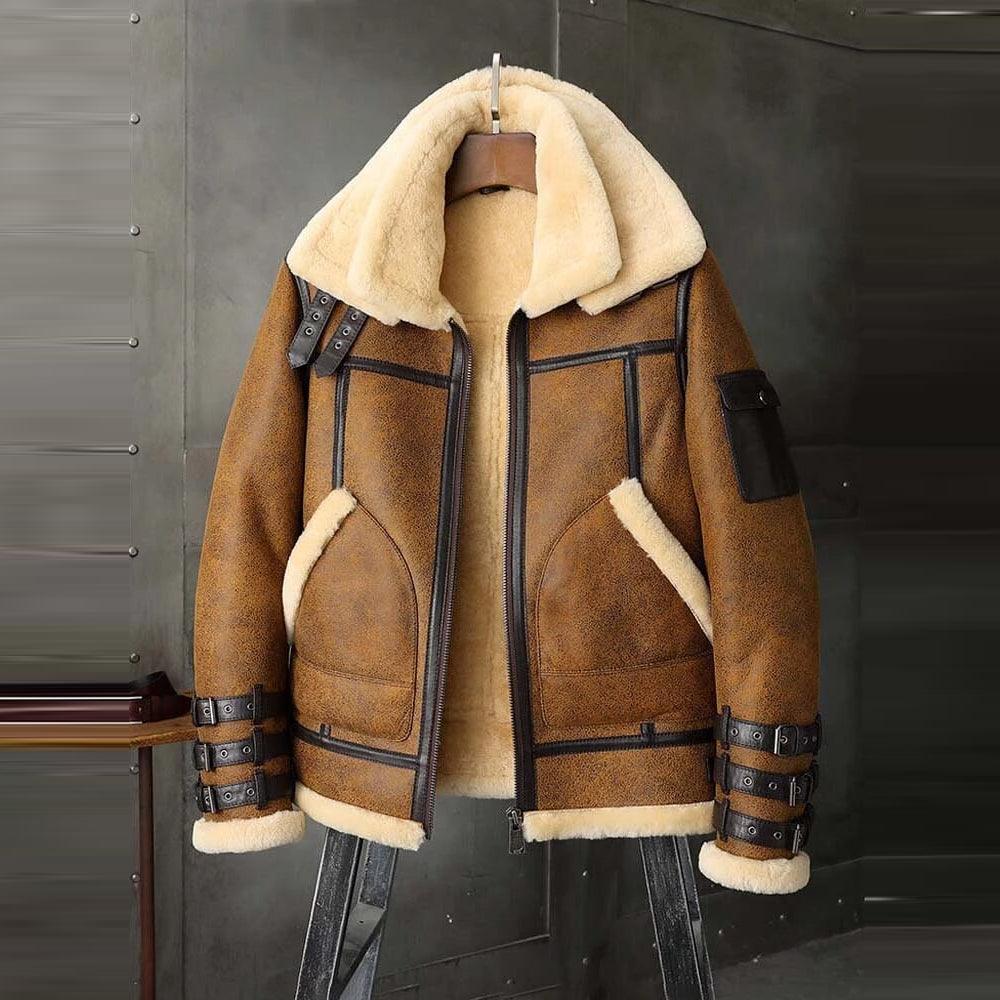 B3 RAF Aviator Brown Double Collar Flight Shearling Leather Jacket Coat For Men