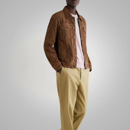 Brown Suede Leather Iconic Trucker Jacket For Men