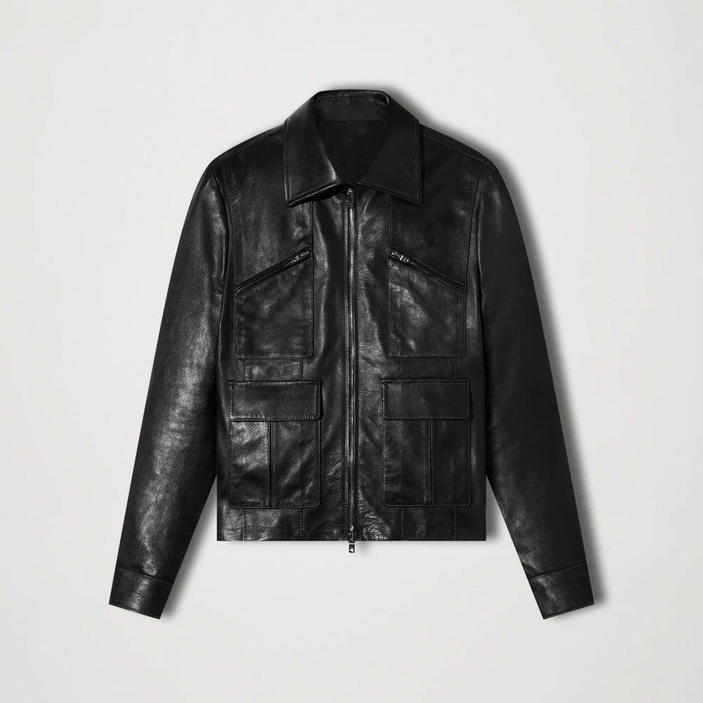 Mens Genuine Black Sheepskin Trucker Leather Jacket - shearlingbomberjackets