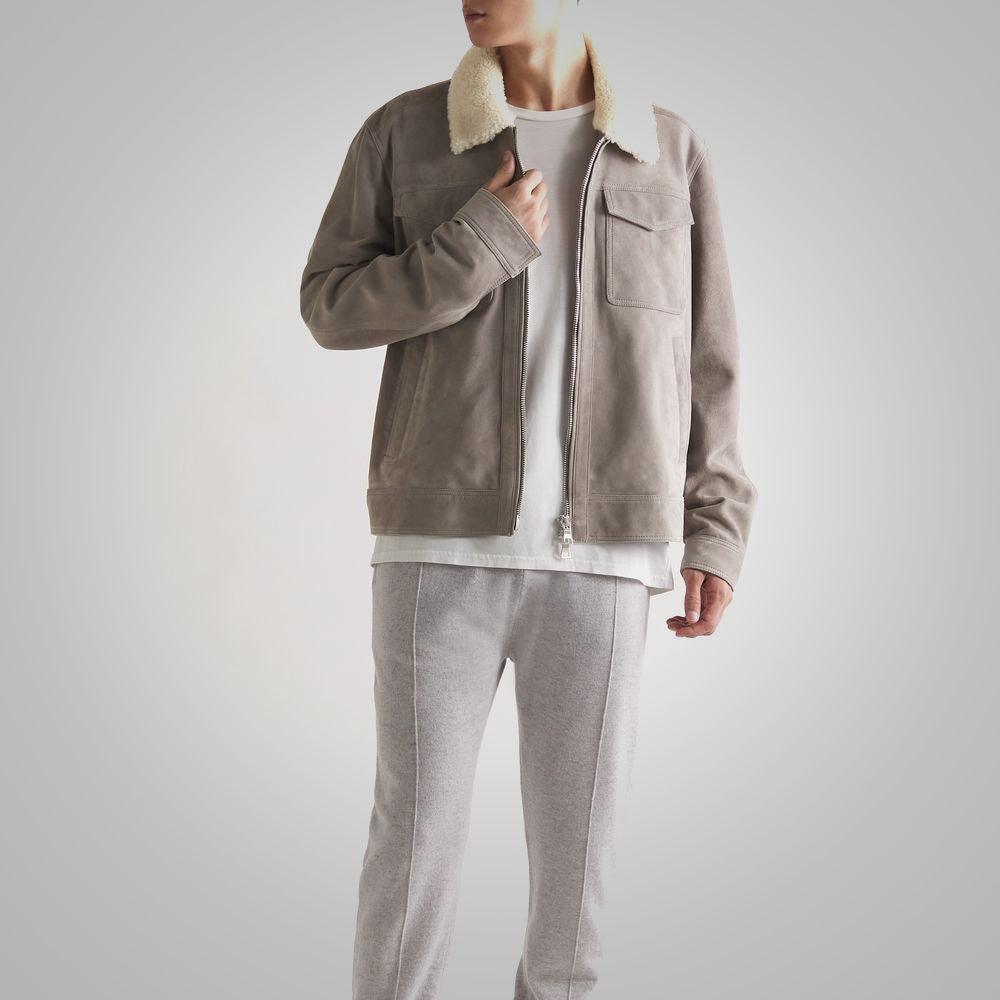 White Fur Collar Grey Suede Leather Trucker Jacket For Men