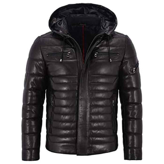 Men’s Leather Jacket Puffer Hooded