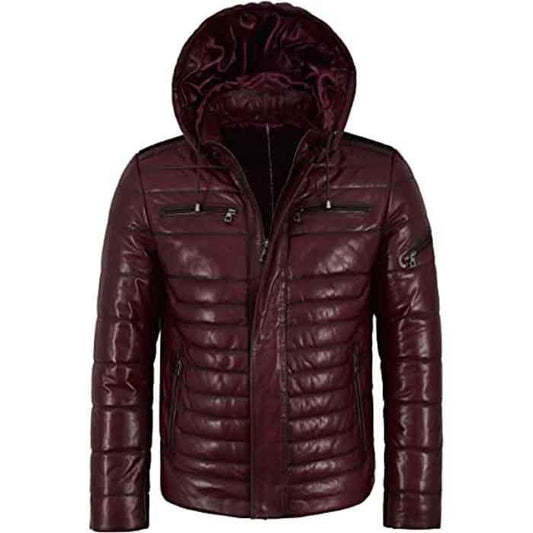 Men’s Puffer Hooded Lambskin Leather Jacket
