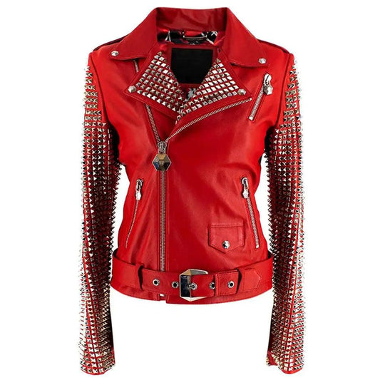 Women Red studded Fashion Motorcycle Leather Biker Jacket