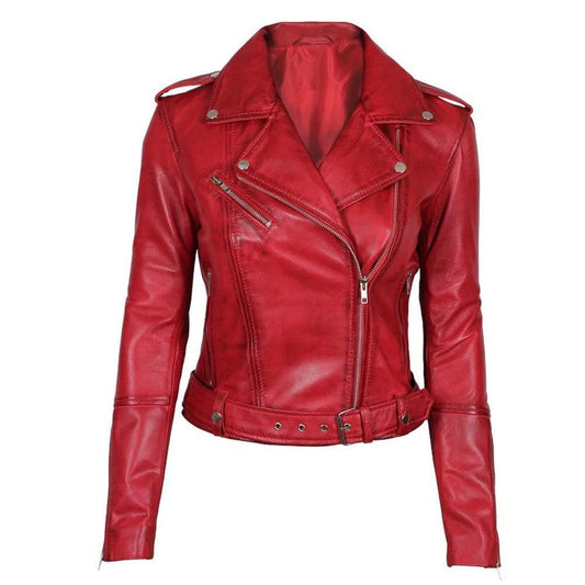 Womens Stylish Red Leather Biker Jacket
