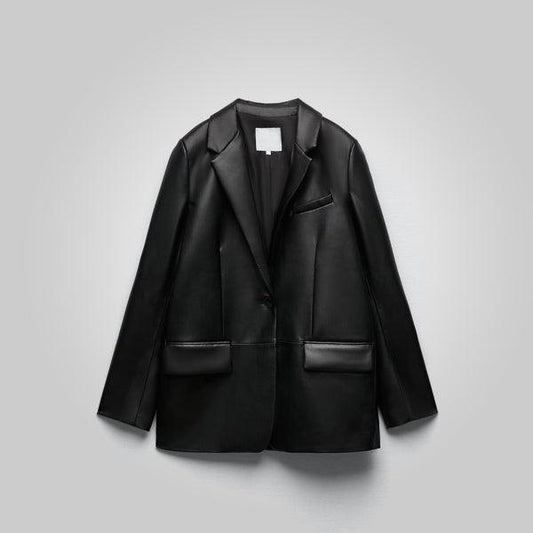 Womens Black Oversized Leather Coat Blazer