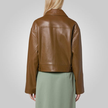 Women's Brown Pointed Collar Plain Leather Jacket