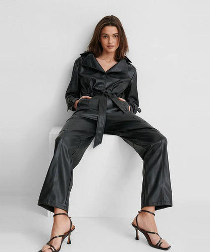 Black Sleeved Genuine Lambskin Leather Jumpsuit For Women