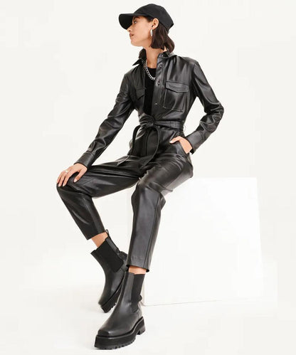 Sheepskin Leather Dress Jumpsuit In Black