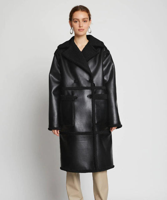 Womens Black Duster Leather Trench Shearling Coat