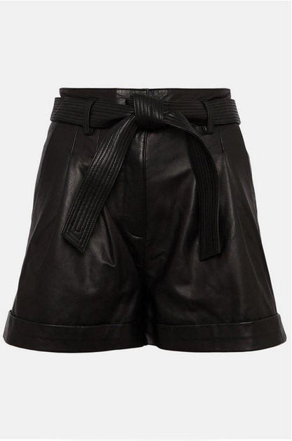 High Waist Black Leather Belted Shorts For Women