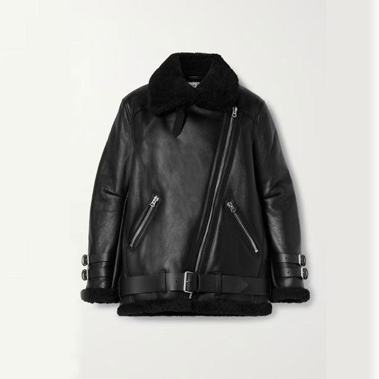 Womens Black B3 Trimmed Sheepskin Shearling Leather Biker Jacket